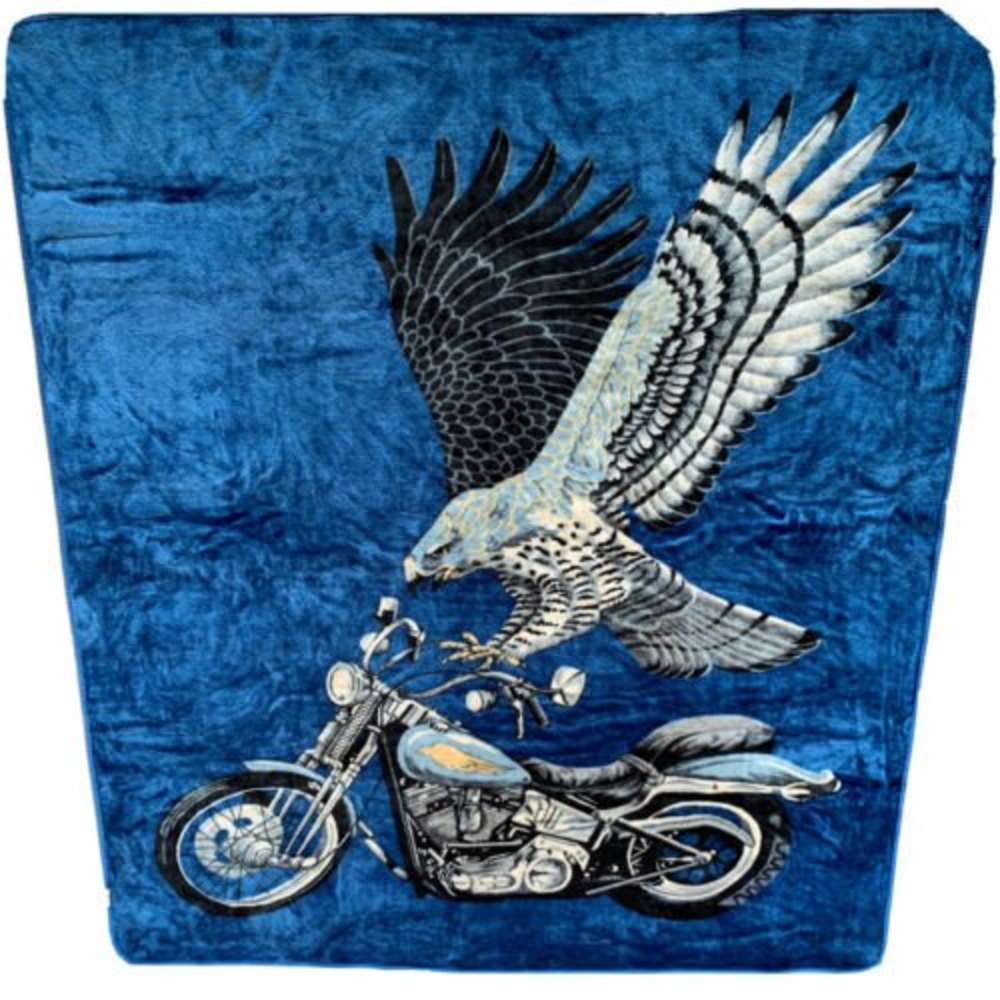 Thick Reversible Blanket ~ Eagle & Motorcycle ~Blue ~90”X78”~Soft~by Megalon MEX